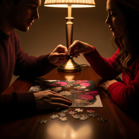 Young couple sitting at table and assembling jigsaw puzzle, selective focusの素材