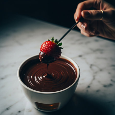 Chocolate fondue with strawberry in a white bowlle tableの素材