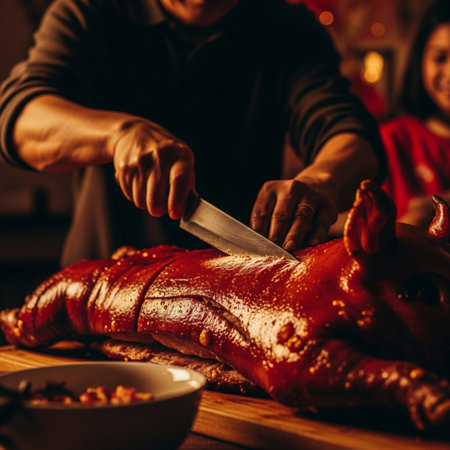 Hands of a man cutting a pork knuckle with a knife.の素材