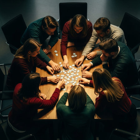 Top view of a group of young business people playing jigsaw puzzleの素材