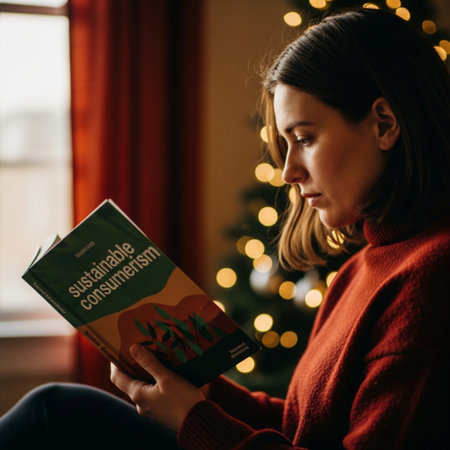 Young woman reading a book on the background of the Christmas tree.の素材