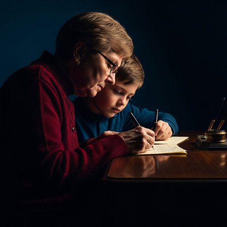 Father and son doing homework at the table in the dark. The concept of family education.の素材
