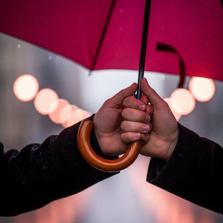 Close-up of a woman holding an umbrella in the rain.の素材