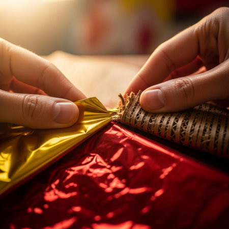 Close-up of woman hands wrapping red and gold gift box.の素材