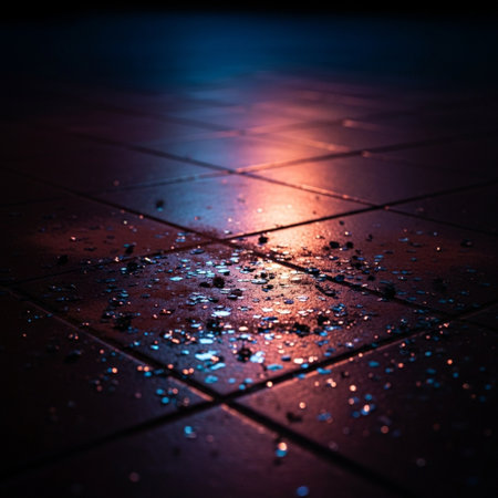 Raindrops on the floor at night. Shallow depth of fieldの素材
