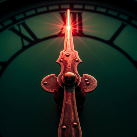 Close up of clock face showing five minutes to twelve o'clockの素材