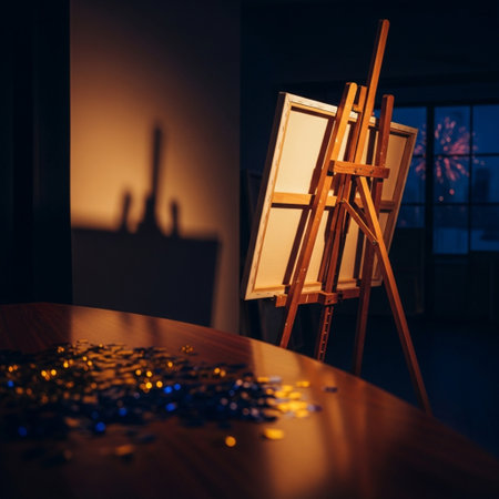 Wooden easel with blue and golden stars in the dark roomの素材
