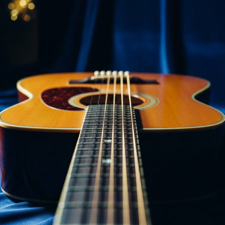 Acoustic guitar on a blue background. Close-up. Selective focus.の素材