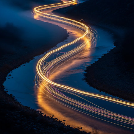 Car light trails on the river at night. Long exposure photo.の素材