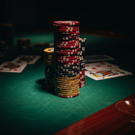Poker chips and cards on green table in casino. Casino conceptの素材