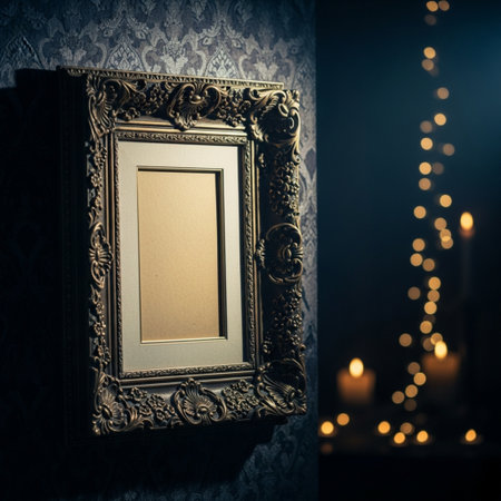 Vintage photo frame on the wall in a dark room with candles.の素材