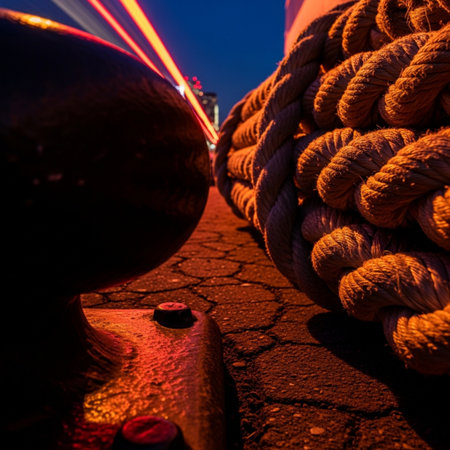 Bollards and ropes on the deck of a ship at nightの素材