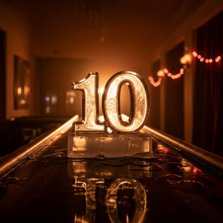 Number 10 on a glass table in a dark room. Selective focus.の素材
