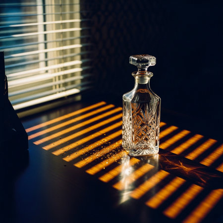 Bottle of perfume on a dark background with a blinds.の素材