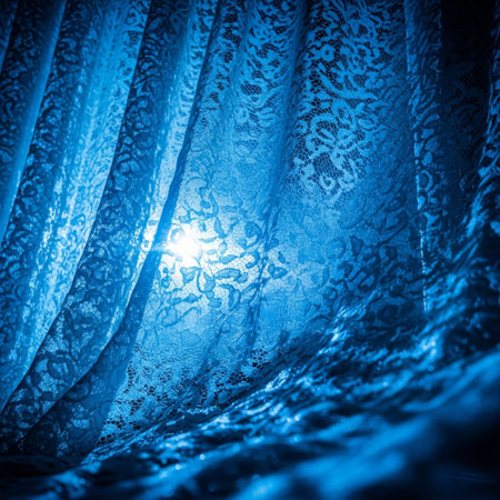 blue curtain with lace, close-up, soft focus, backgroundの素材