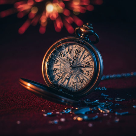 Vintage pocket watch on a dark background with fireworks. Time conceptの素材