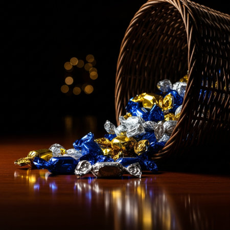 candies in a basket on a wooden table with bokeh backgroundの素材
