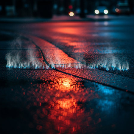 Rain drops on the asphalt at night in the city. Shallow depth of fieldの素材