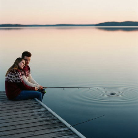 Young couple sitting on a pier and fishing on a lake at sunsetの素材