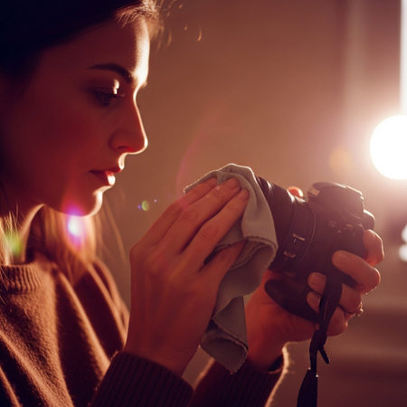 Young woman holding a camera and cleaning it with a microfiber clothの素材