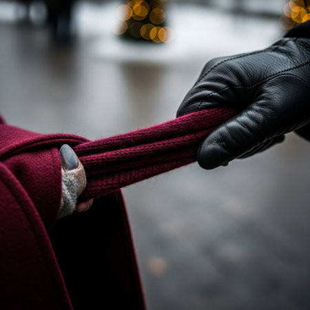 Close up of a woman's hands in black leather gloves pulling a red knitted sweaterの素材