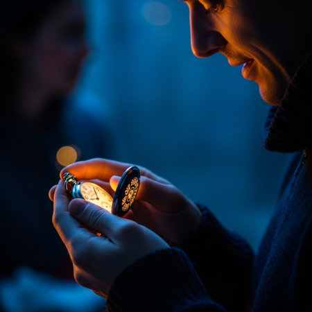 Woman holding a watch in her hands on the background of the night cityの素材