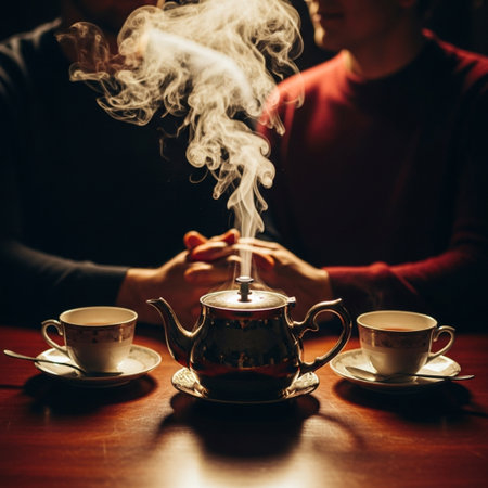 Man and woman drinking tea in cafe. Couple in love having good time together.の素材