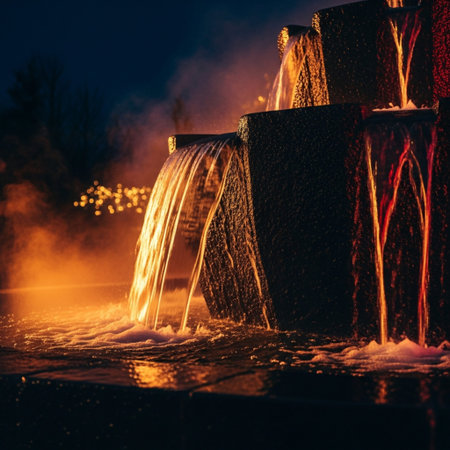 Fountain at night in the city, illuminated by the lights.の素材
