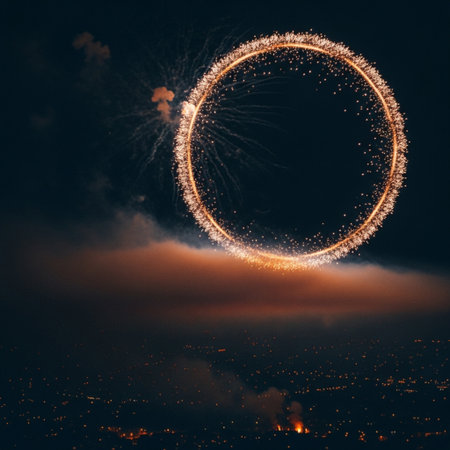 Fireworks over the city in the night sky, with space for textの素材