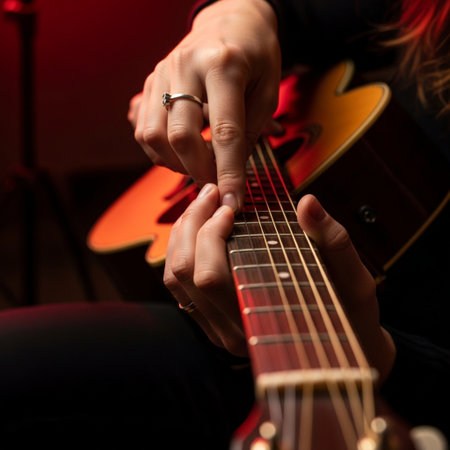 Close-up of female hands playing the guitar, shallow depth of fieldの素材