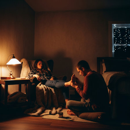 Young couple sitting on the floor in the living room at home.の素材