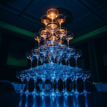 Wine glasses on a table in a restaurant. Glasses for wine and champagne.の素材