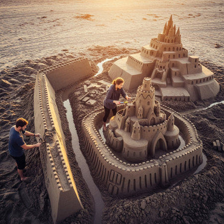 Sand castle on the beach at sunset. Concept of travel and leisure.の素材