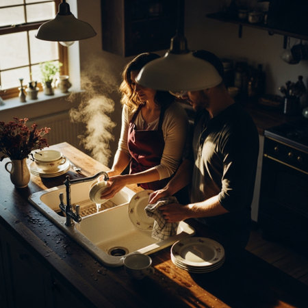 Young couple washing dishes in the kitchen at home. Man and woman preparing food.の素材