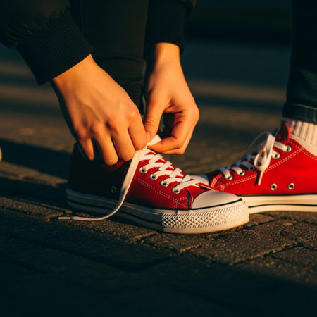 Close-up of woman tying shoelaces on red sneakers.の素材