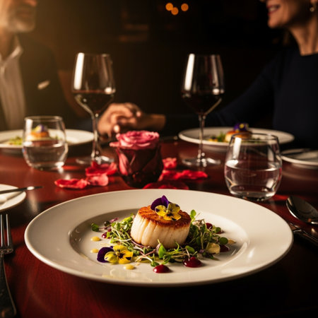 Restaurant menu. Seafood salad with scallops on a white plateの素材