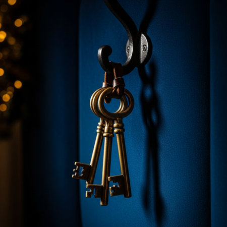 Golden keys on a blue curtain background. Selective focus. Toned.の素材