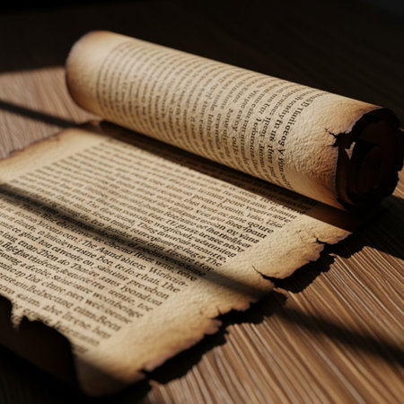 Ancient unrolled parchment scroll showing faded historic documentation, captured with dramatic Dutchの素材