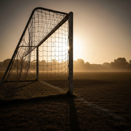 Cinematic silhouette of rusty soccer goalposts against a dramatic, high-contrast dawn sky, documentaの素材