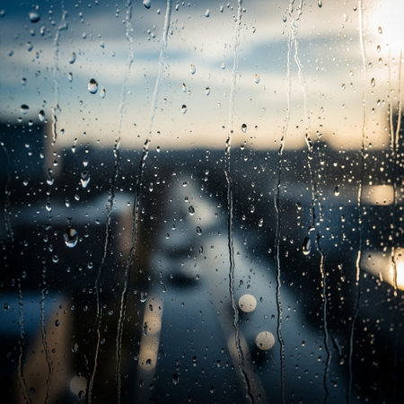 Extreme macro view of heavy rain on a dirty window, blurring the city skyline in harsh sunlight.の素材