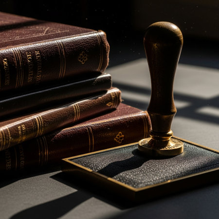 Cinematic silhouette of an ornate stamp, ink pad, and stack of aged library books with harsh rim ligの素材