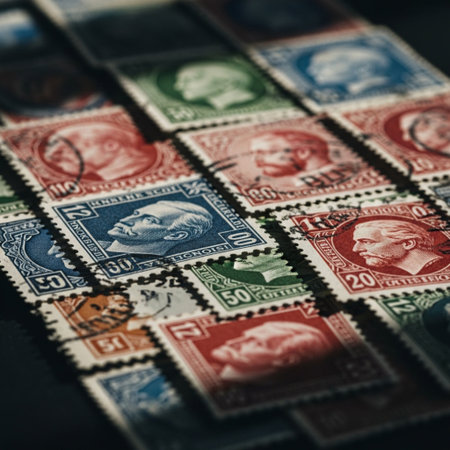 Extreme close-up of colorful, textured vintage postage stamps stacked together, featuring historicalの素材