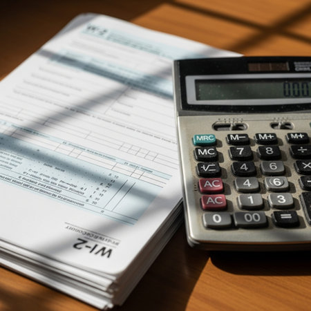 Cinematic, over-the-shoulder view of W-2 forms and a generic calculator showing '0.00' under harsh sの素材