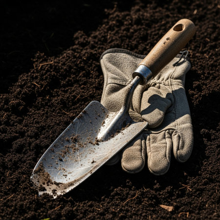 Used gardening trowel and gloves lying in freshly tilled dark garden soil under harsh dramatic sunliの素材
