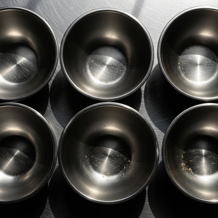 High angle top-down view of a row of empty, scratched stainless steel professional mixing bowls undeの素材