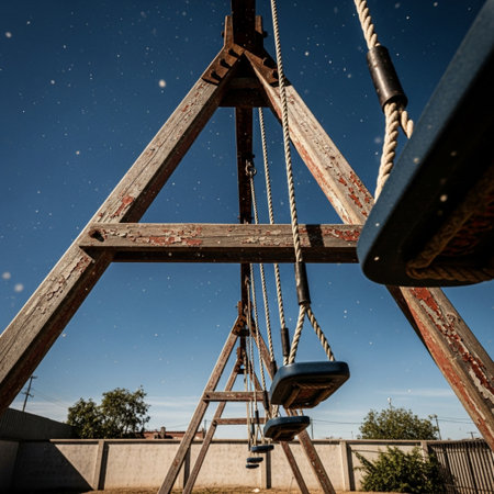 Weathered wooden swing set moving gently in a cool breeze under harsh sunlight. Low angle, cinematicの素材