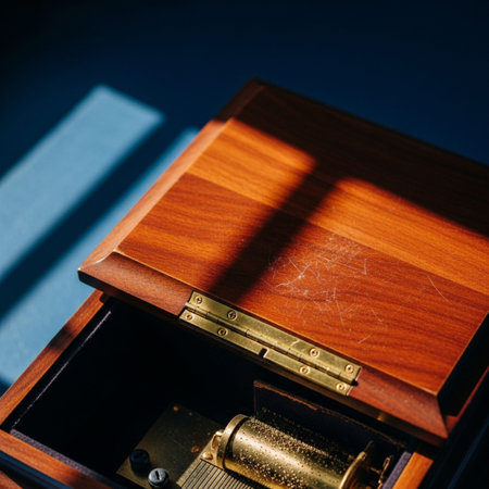 High-angle view of a dusty, vintage ornate music box, lid ajar, highlighted by harsh sunlight and deの素材