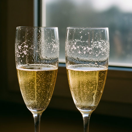 Cinematic over-the-shoulder shot of two champagne flutes with heavy condensation, lit by harsh sunliの素材