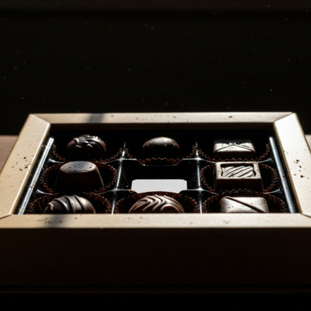Side profile silhouette of an open box of gourmet chocolates with a missing piece, dramatic harsh suの素材