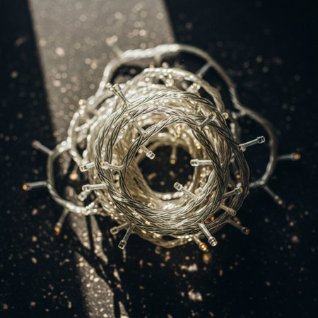 Cinematic high angle view of blurred fairy lights creating dramatic bokeh against a dark, dusty backの素材